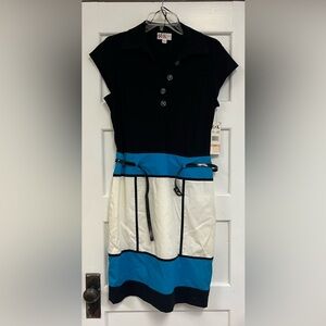 R&K Women Short Sleeve Size 10 Colorblock dress black, white, blue belted NWT